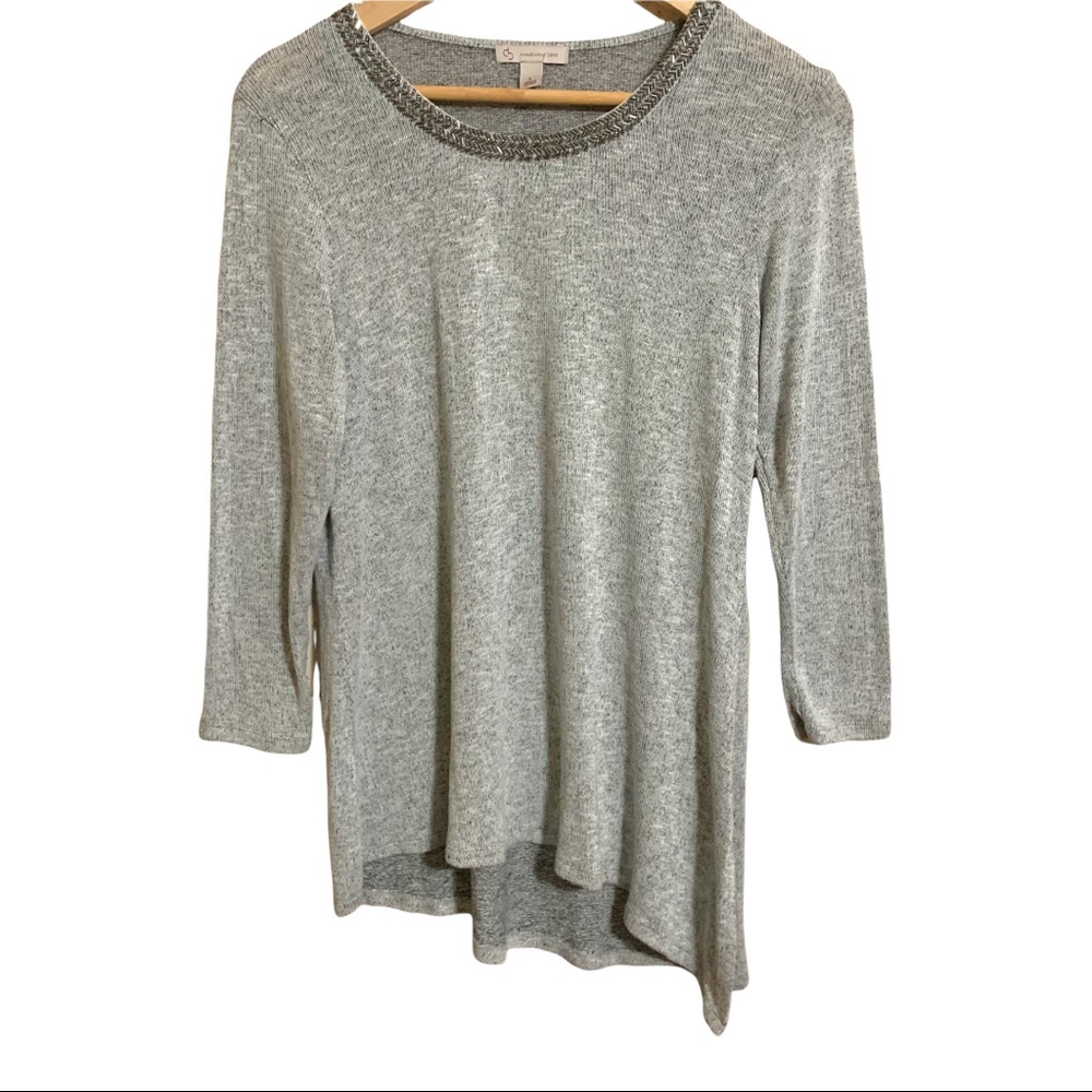 cb Casual Grey Beaded Collar Asymmetrical Hi Low Hem Tunic L